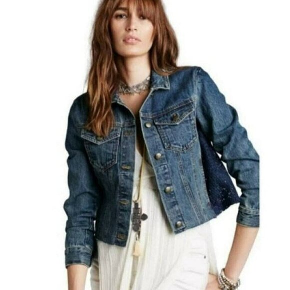 FREE PEOPLE NWT Floral Lace & Dark Denim Jean Jacket – Size XS - Picture 12 of 13